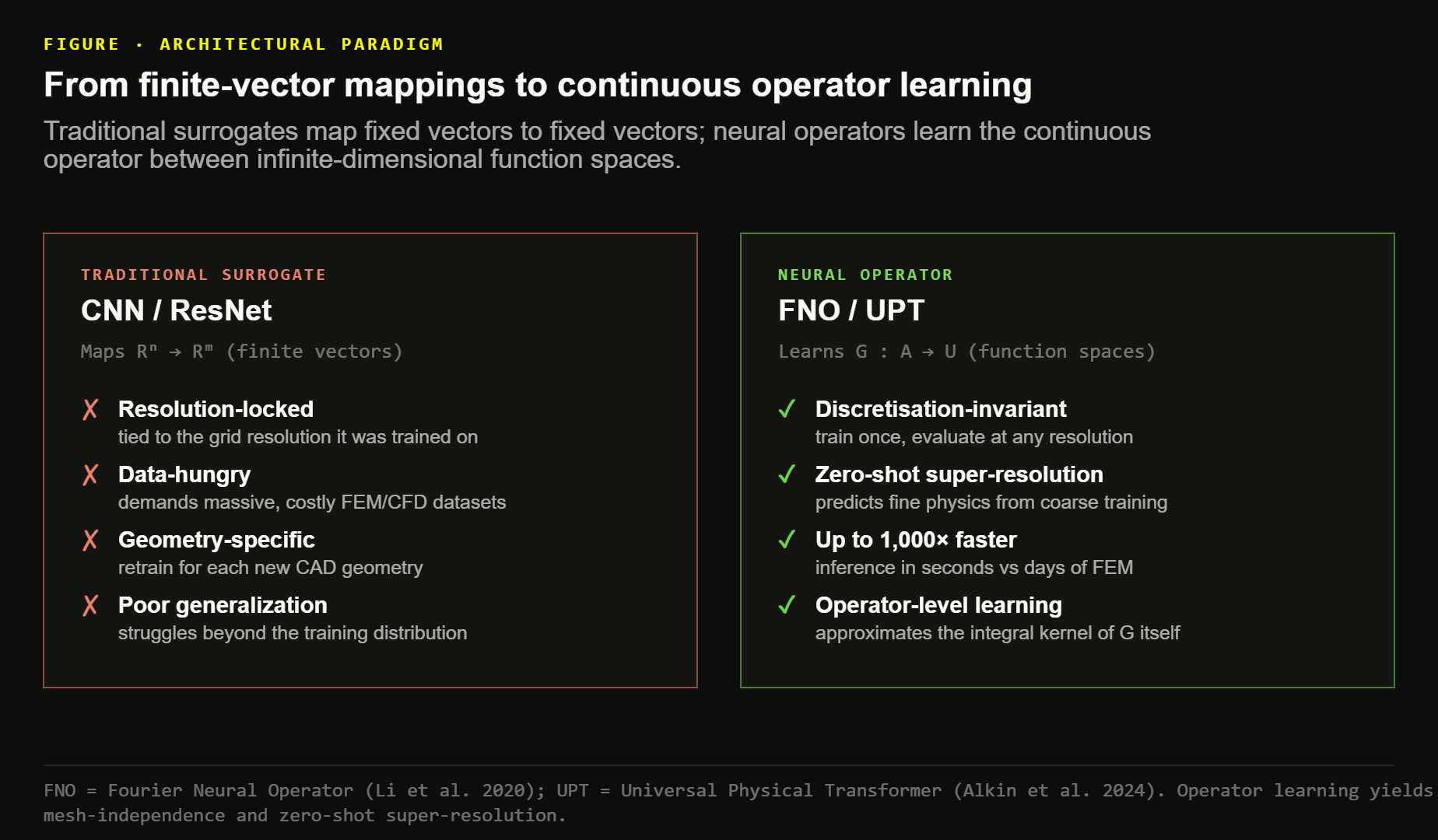 From finite-vector mappings to continuous operator learning: traditional surrogates are grid-locked and data-hungry, while neural operators learn the continuous operator between infinite-dimensional function spaces.