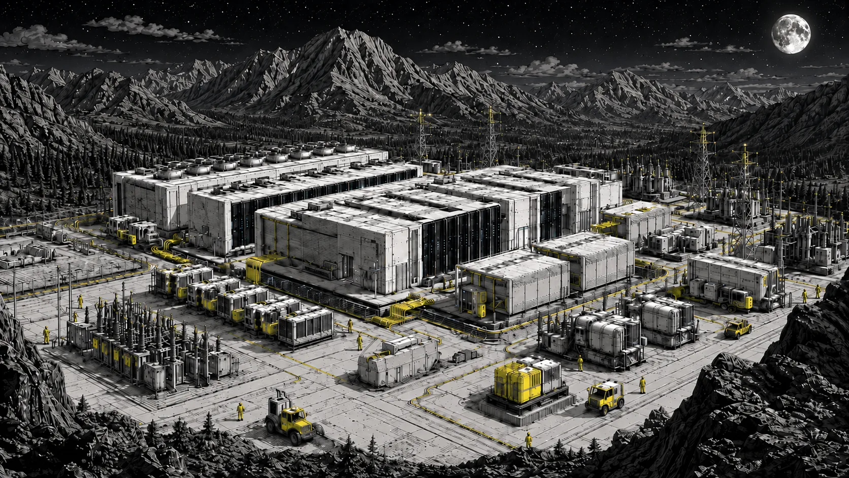 Data center campus at night in the mountains